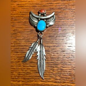 Vintage Navajo Turquoise & Coral Pendant Signed 6.3 grams